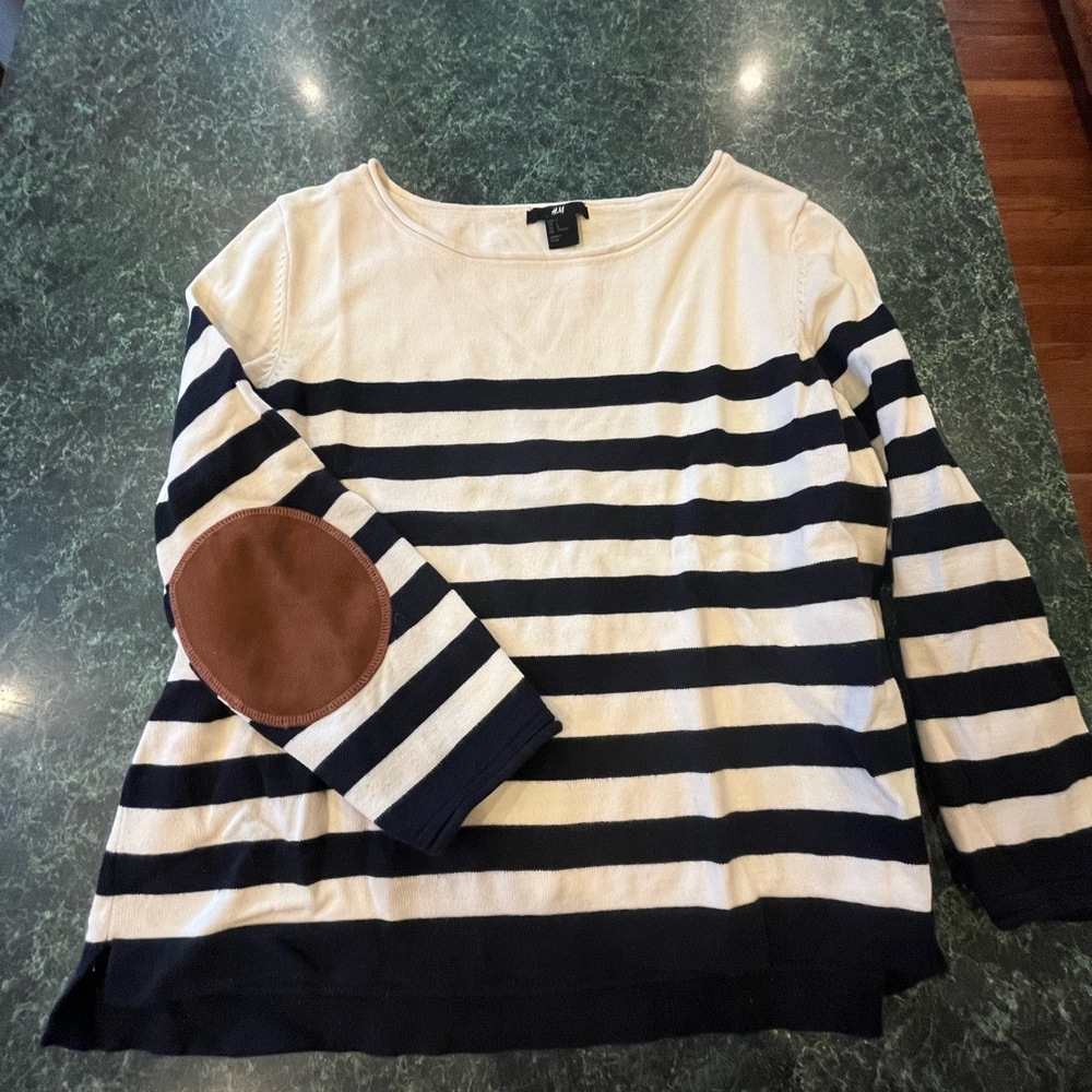 Striped Black and White Sweater with Brown Elbow Patch